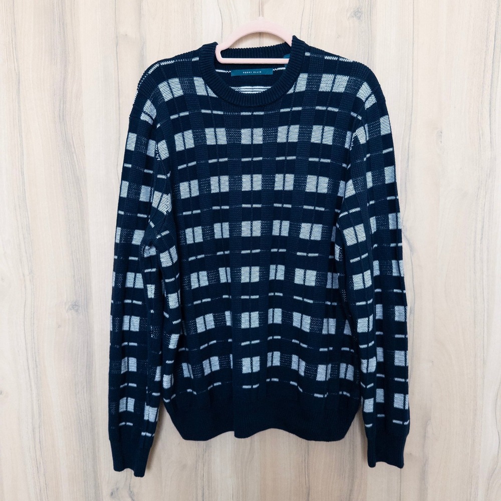 Perry Ellis Mens Crew Neck Sweater Size L Navy‎ Plaid Preppy Classic Old Money